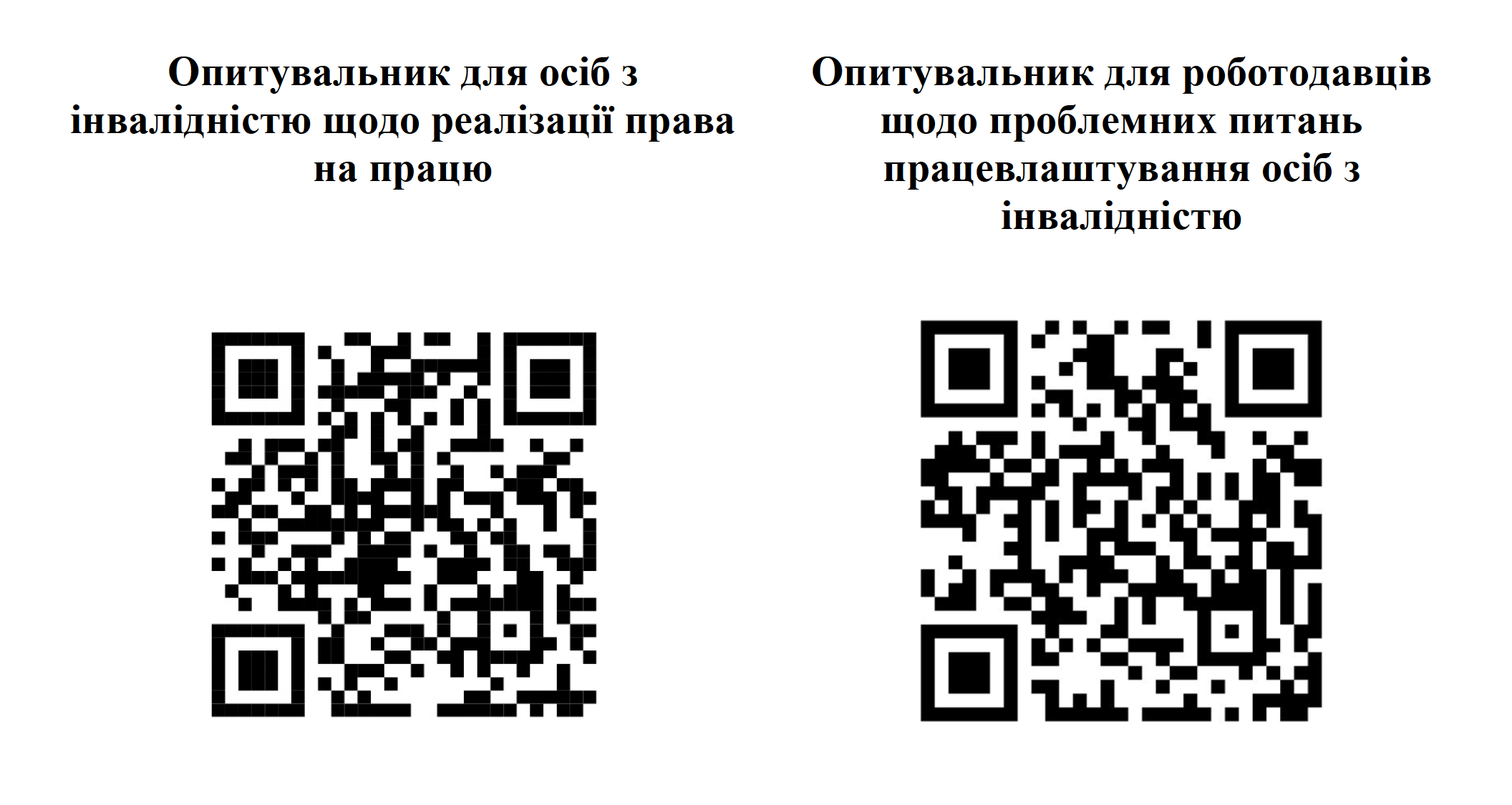 На картинці два к'юаркоди для проходження опитування: зліва - для осіб і інвалідністю, зправа - для роботодавців