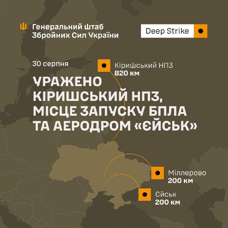 ⚡️⚡️ Уражено Кіришський НПЗ, місце запуску БпЛА та аеродром «Єйськ»
У ніч на 30 серпня 2026 року підрозділи... ⚡️⚡️ Уражено Кіришський НПЗ, місце запуску БпЛА та аеродром «Єйськ»
У ніч на 30 серпня 2026 року підрозділи...