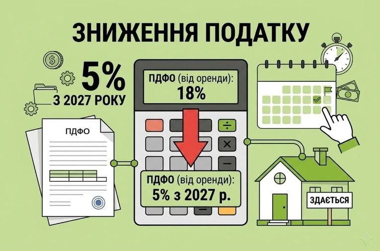Встановлено зміни для доходів фізичних осіб від надання в оренду нерухомого майна встановлено ставку податку на доходи фізичних осіб у розмірі 5 відсотків (раніше – 18 відсотків)
