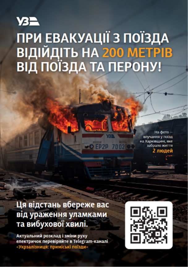 ПРИ ЕВАКУАЦІЇ З ПОЇЗДА ВІДІЙДІТЬ НА 200 МЕТРІВ ВІД ПОЇЗДА ТА ПЕРОНУ!